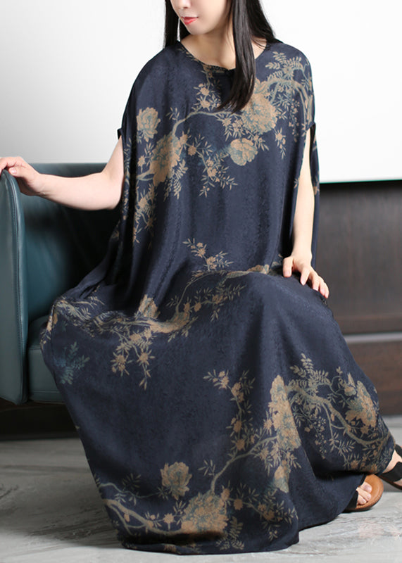 Round Neck Floral Print Satin Cocoon Maxi Dress - View 5