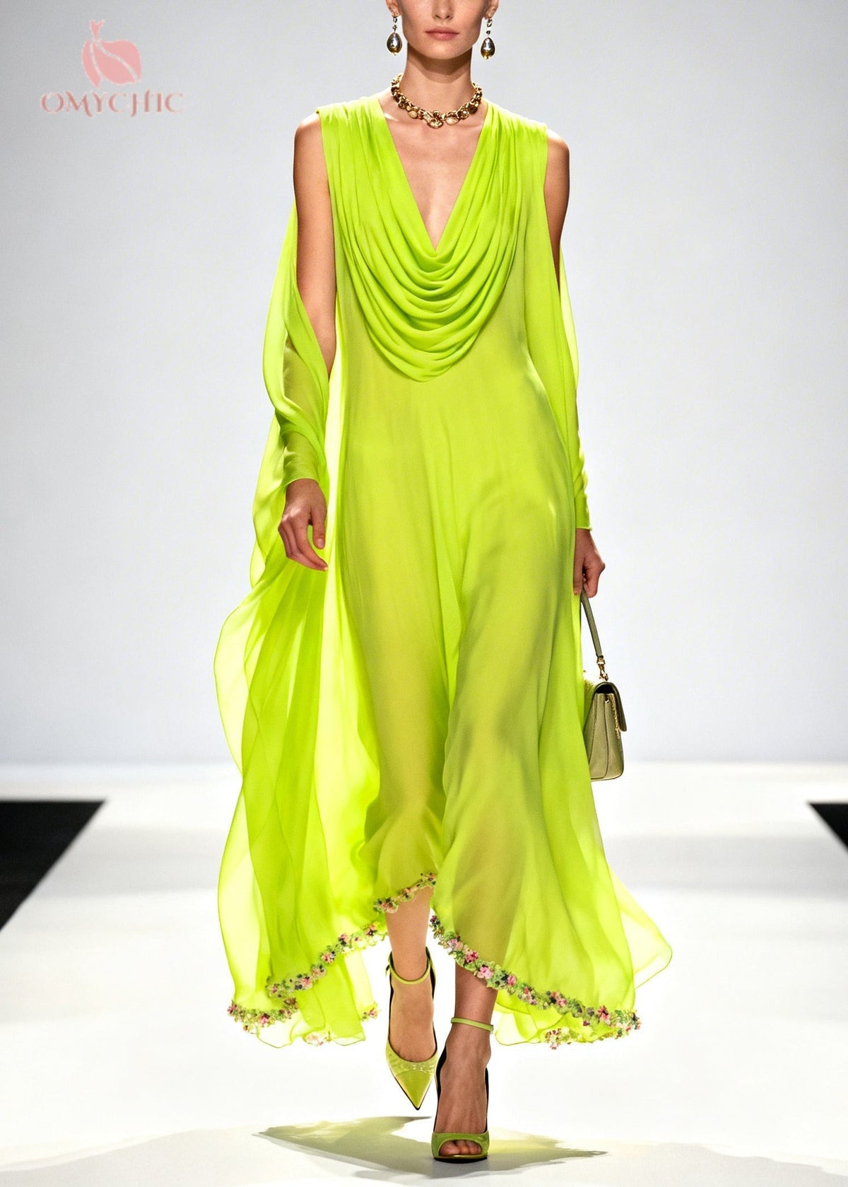 Chiffon Cowl Deep V-Neck Draped Cape Flowy Maxi Dress - View 3