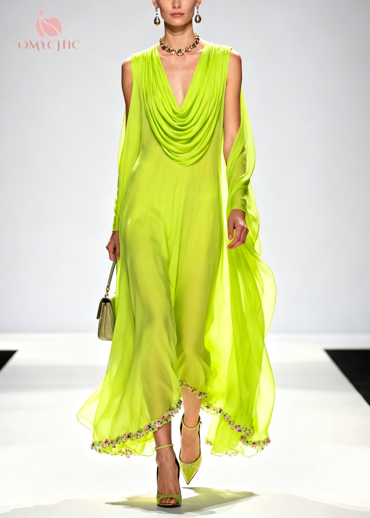Chiffon Cowl Deep V-Neck Draped Cape Flowy Maxi Dress - View 5