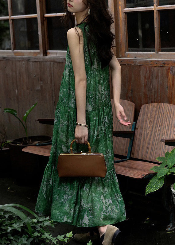 Tropical Palm Leaf Print Crew Neck Sleeveless Tiered Maxi Dress - View 5