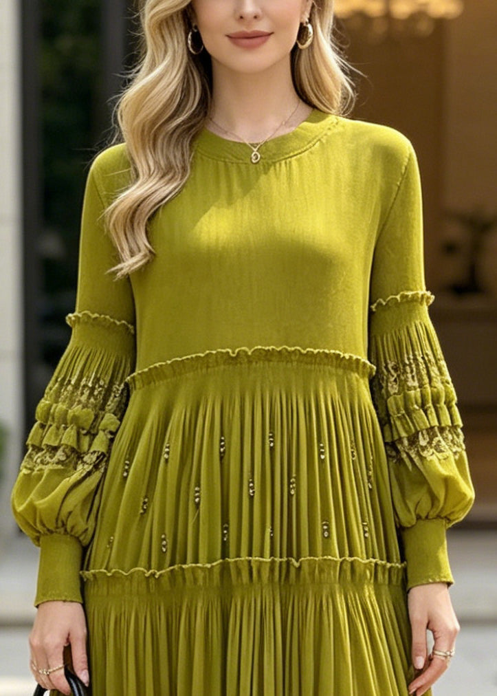 Crew Neck Long Sleeve Lace Trim Tiered Pleated Maxi Dress - View 2