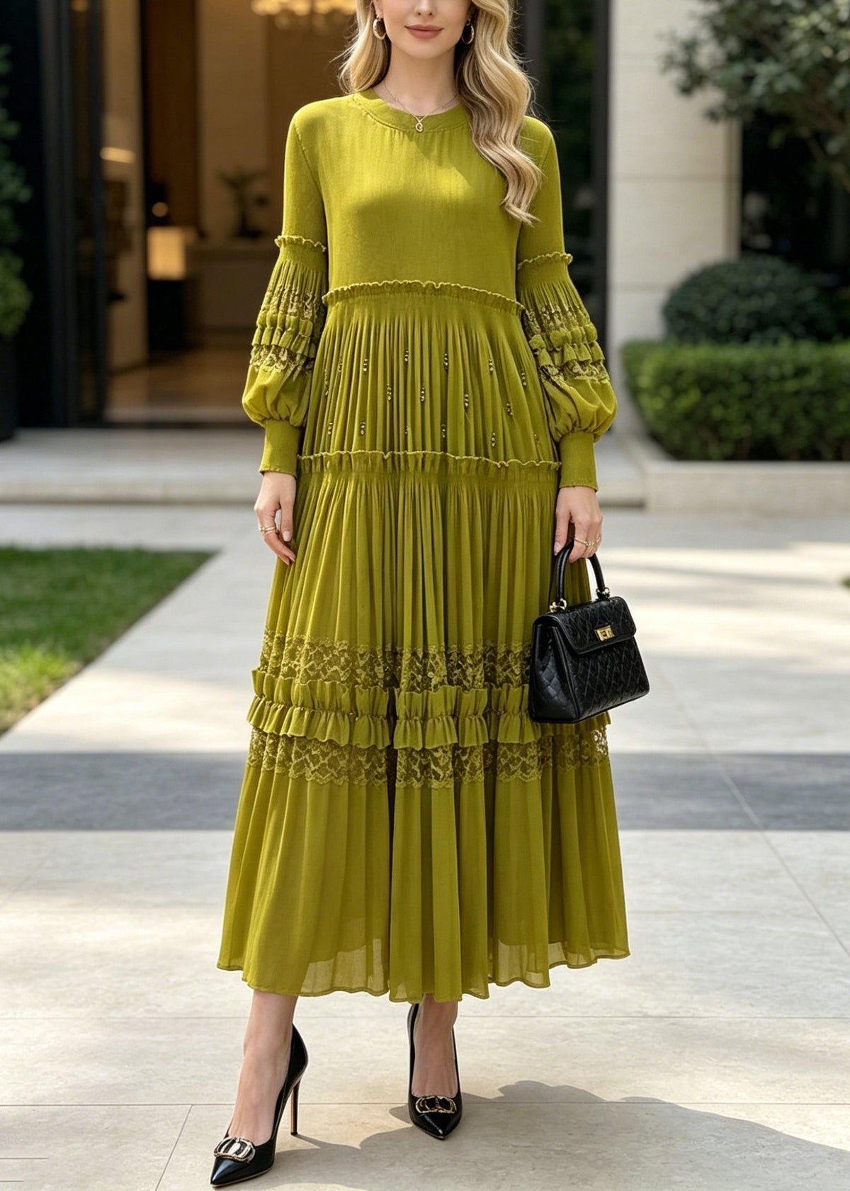 Crew Neck Long Sleeve Lace Trim Tiered Pleated Maxi Dress - View 3