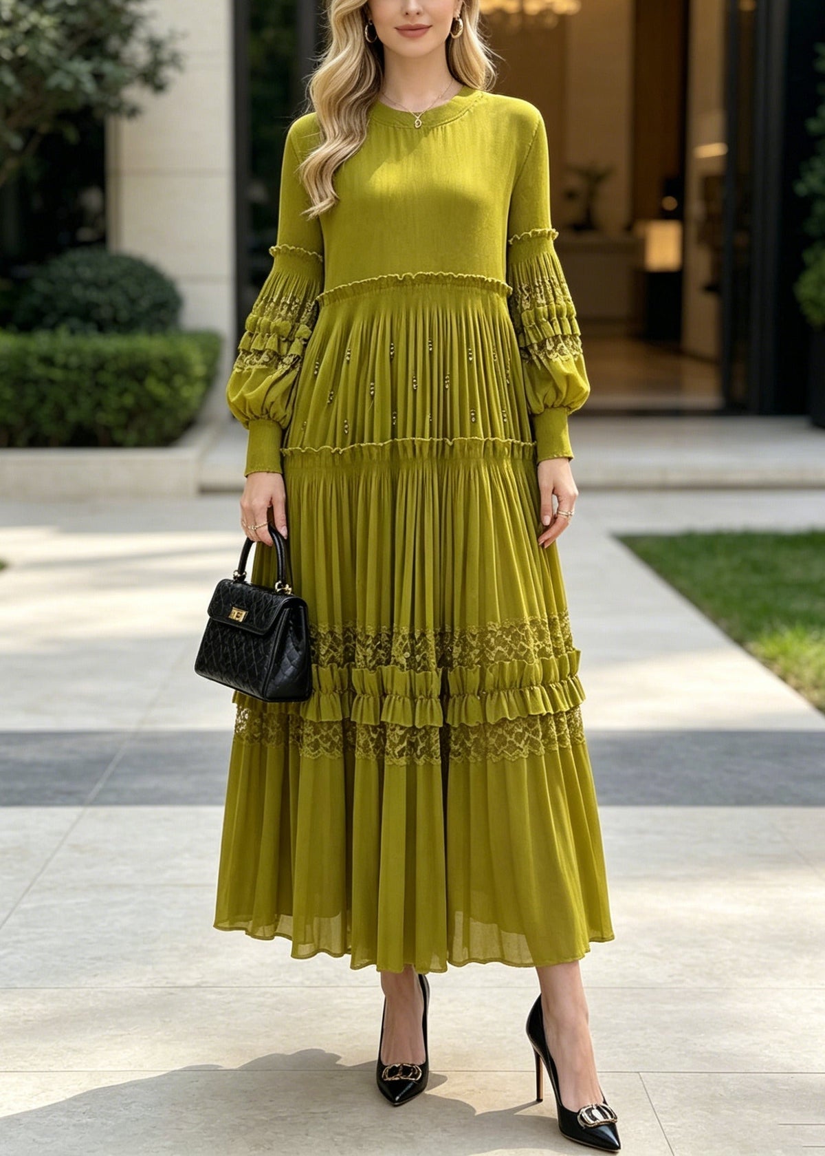 Crew Neck Long Sleeve Lace Trim Tiered Pleated Maxi Dress - View 5