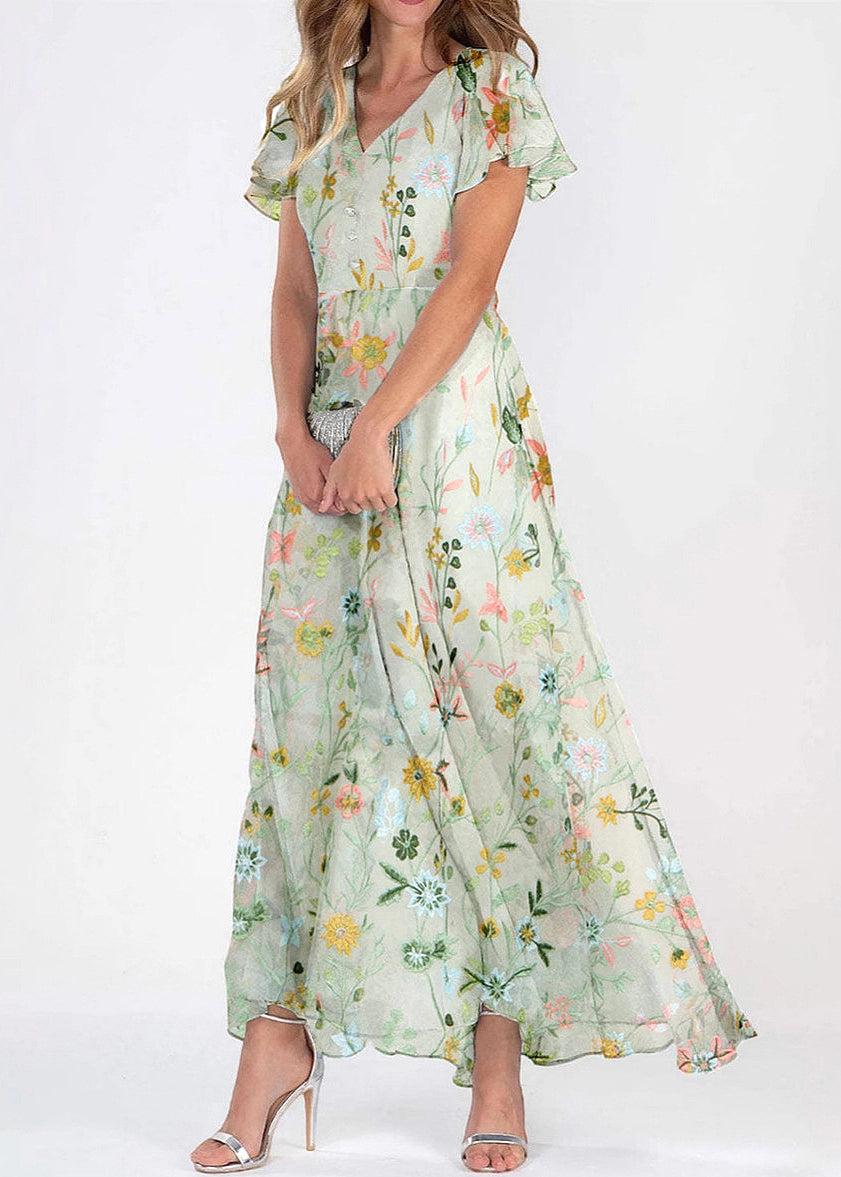 Floral Embroidered Mesh Overlay Flutter Sleeve Button Front Maxi Dress - View 2