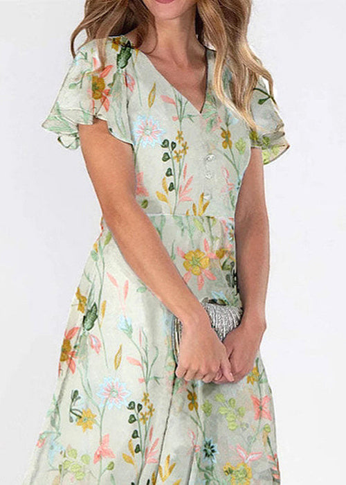 Floral Embroidered Mesh Overlay Flutter Sleeve Button Front Maxi Dress - View 3