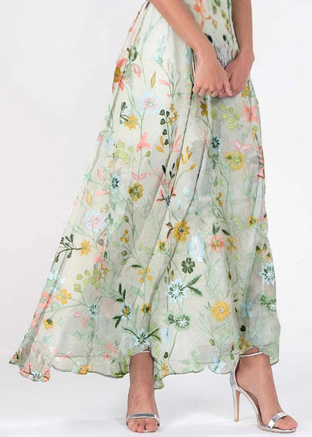 Floral Embroidered Mesh Overlay Flutter Sleeve Button Front Maxi Dress - View 4