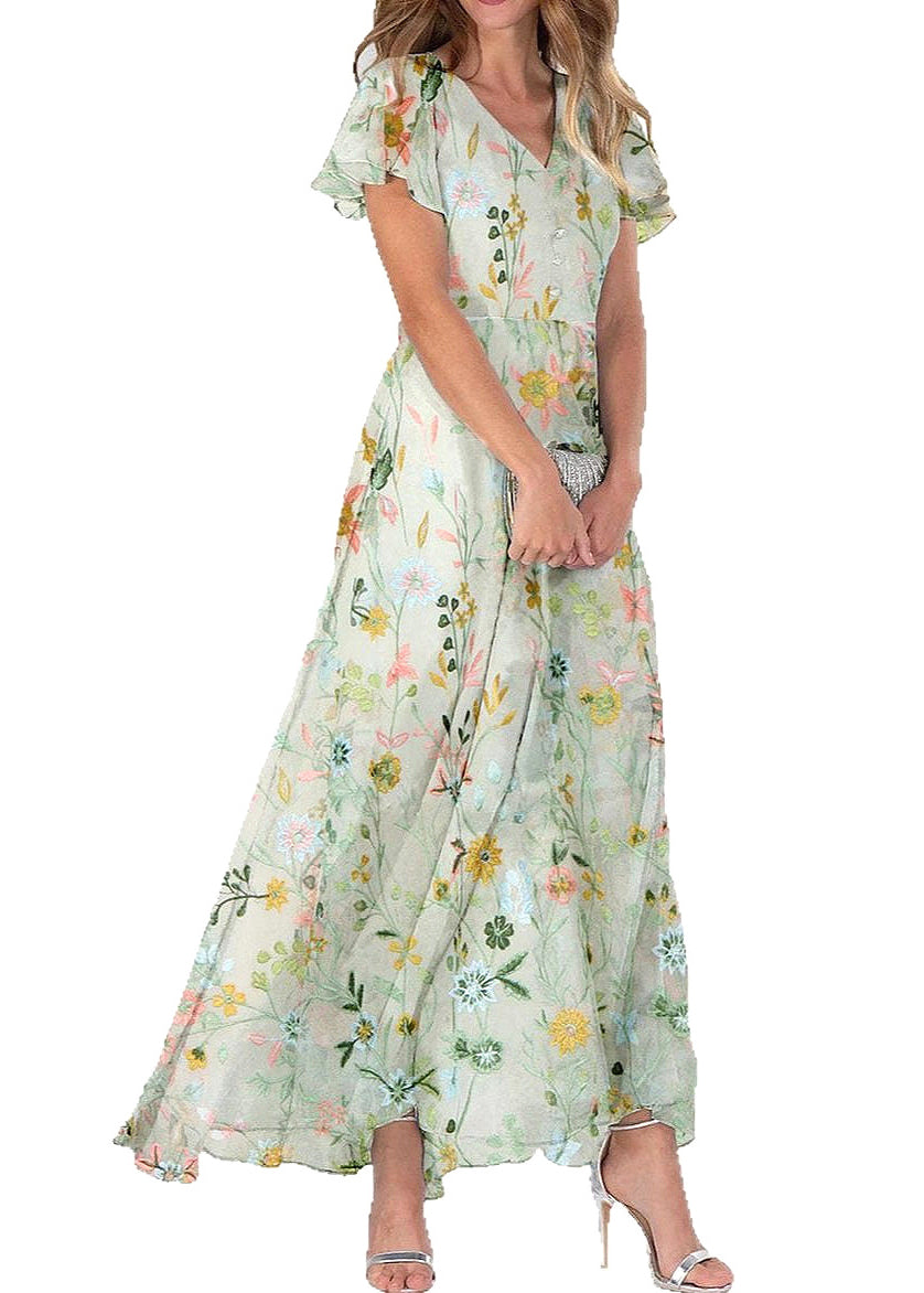 Floral Embroidered Mesh Overlay Flutter Sleeve Button Front Maxi Dress - View 5