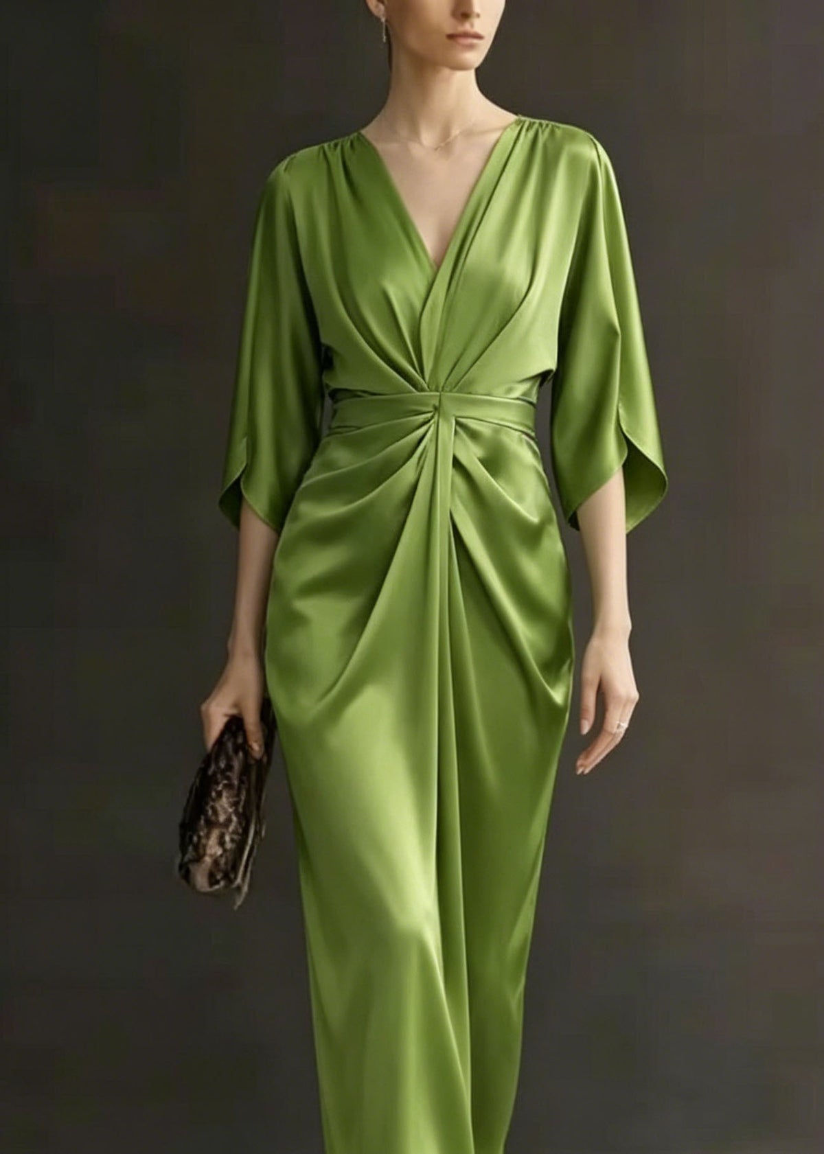 Satin Deep V-Neck Flutter Sleeve Ruched Wrap Maxi Dress - View 2