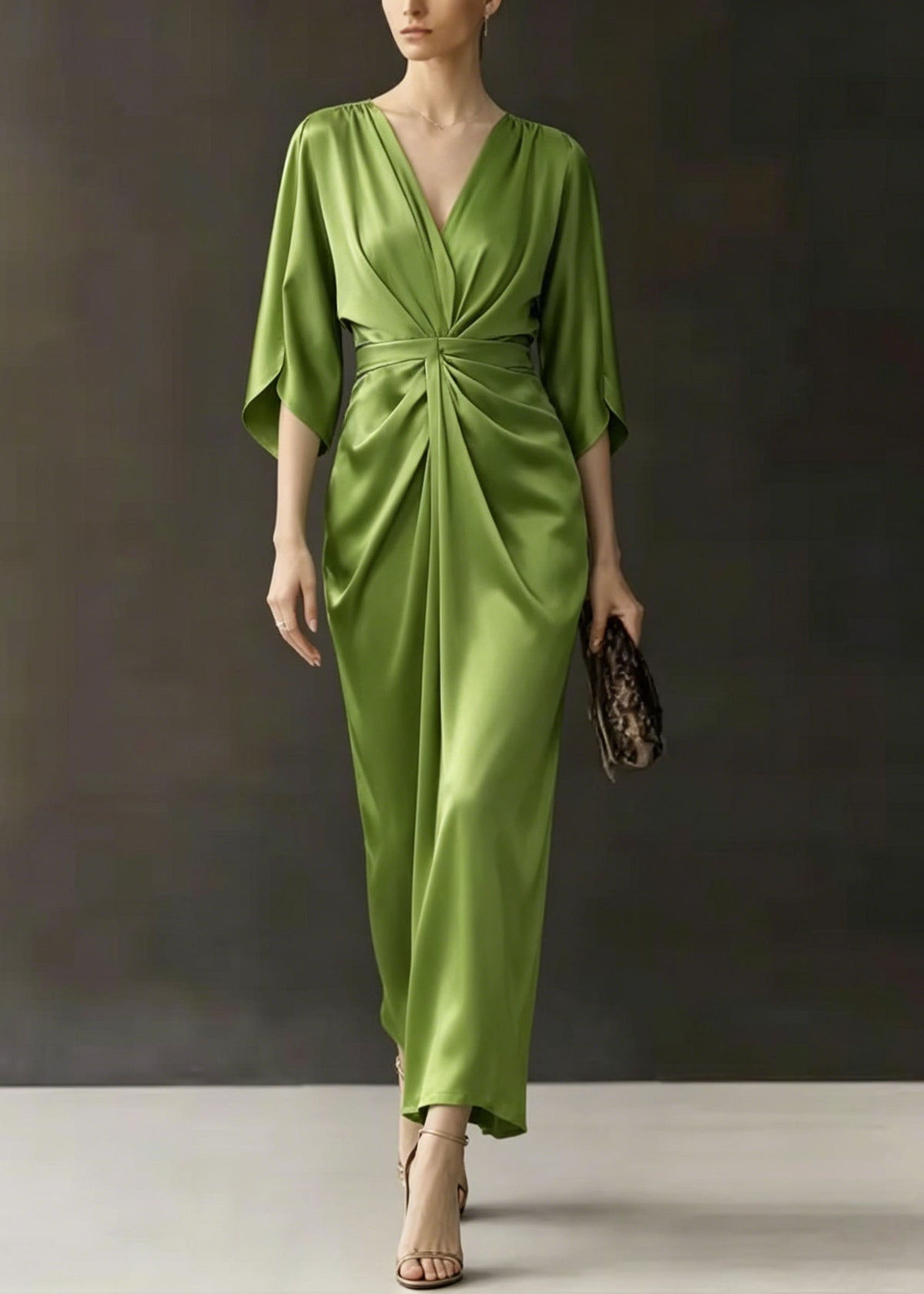 Satin Deep V-Neck Flutter Sleeve Ruched Wrap Maxi Dress - View 3