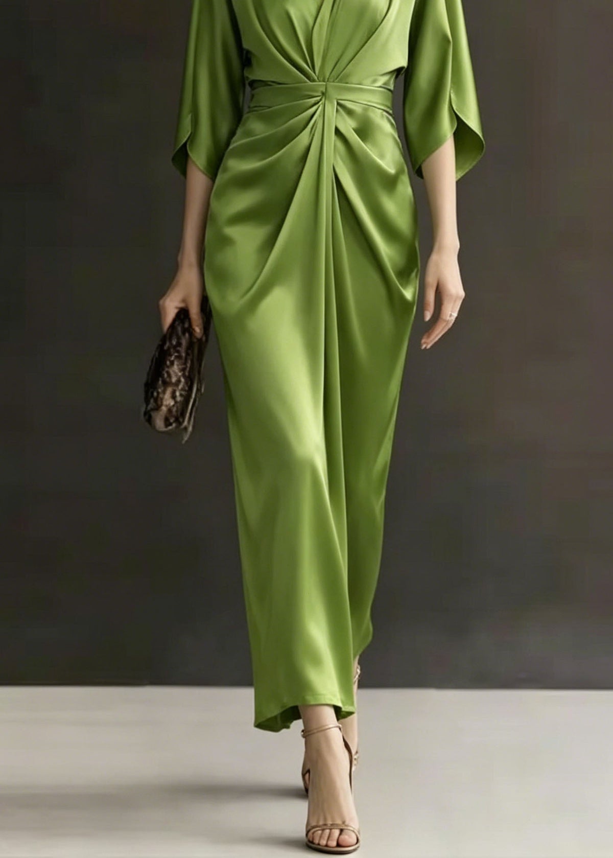 Satin Deep V-Neck Flutter Sleeve Ruched Wrap Maxi Dress - View 4
