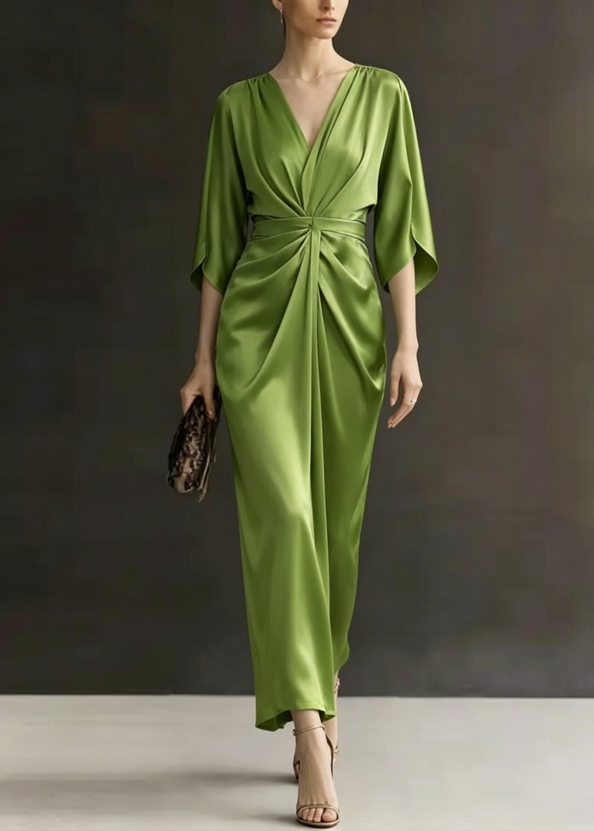 Satin Deep V-Neck Flutter Sleeve Ruched Wrap Maxi Dress - View 5