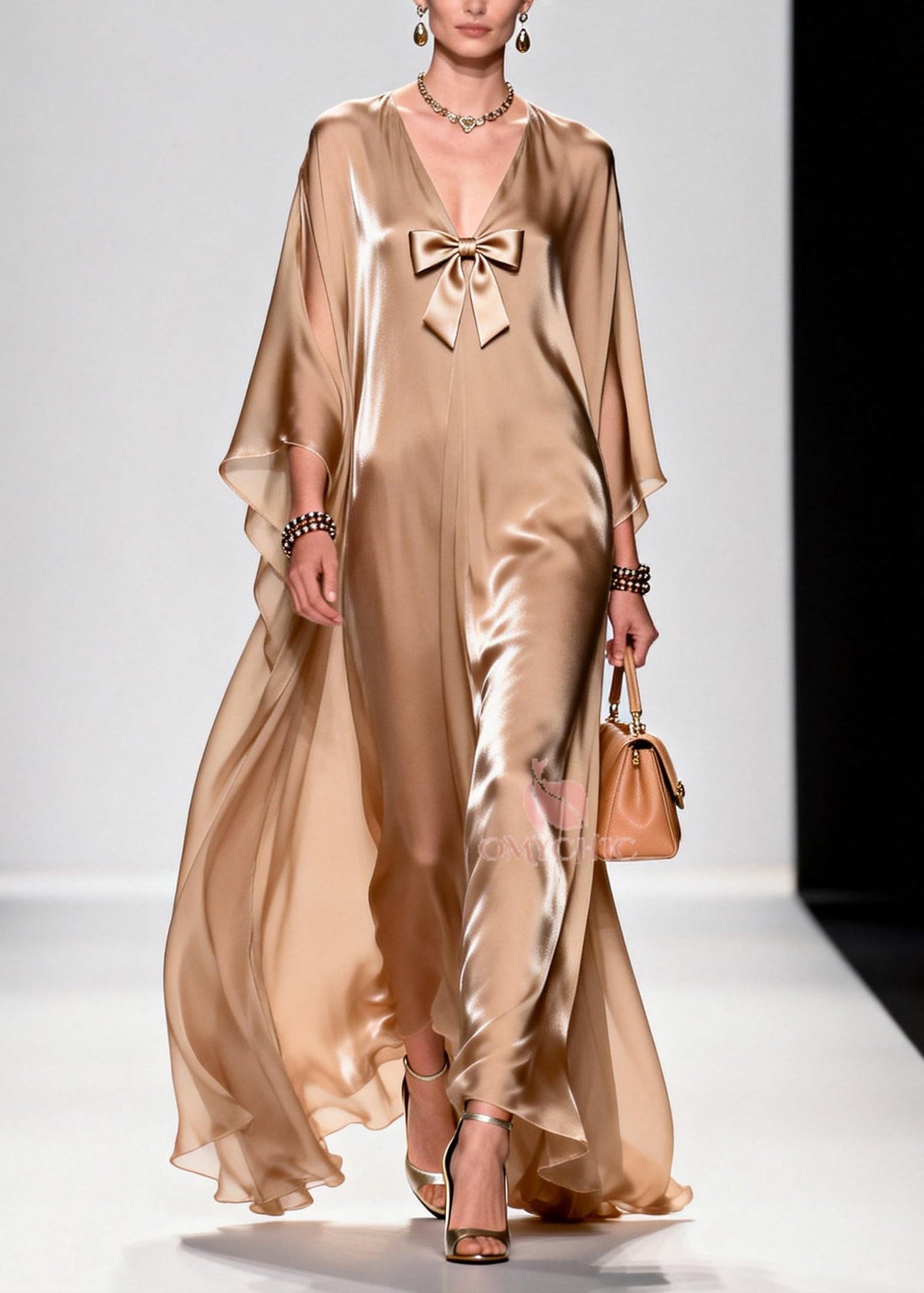 Beautiful Khaki Bow Exra Large Hem Draping Chiffon Maxi Dresses Summer - View 3