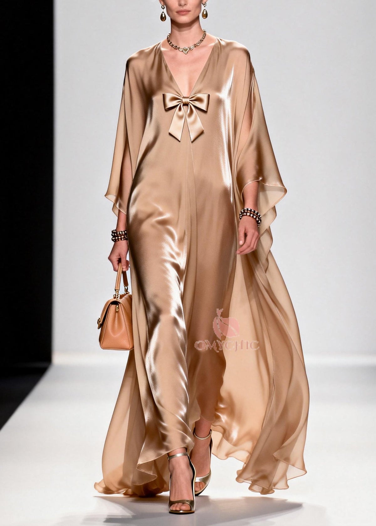 Beautiful Khaki Bow Exra Large Hem Draping Chiffon Maxi Dresses Summer - View 5