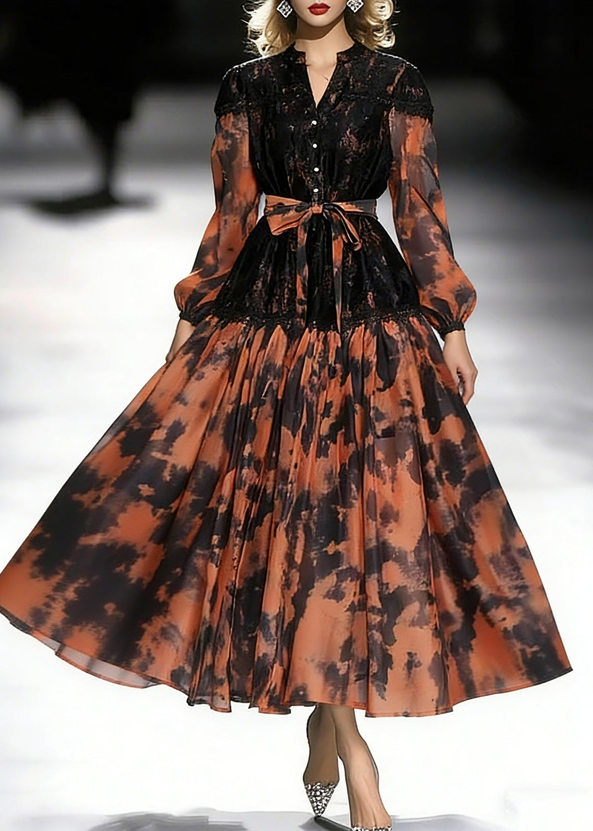 Abstract Print Lace Patchwork Mandarin Collar Midi Dress - View 5