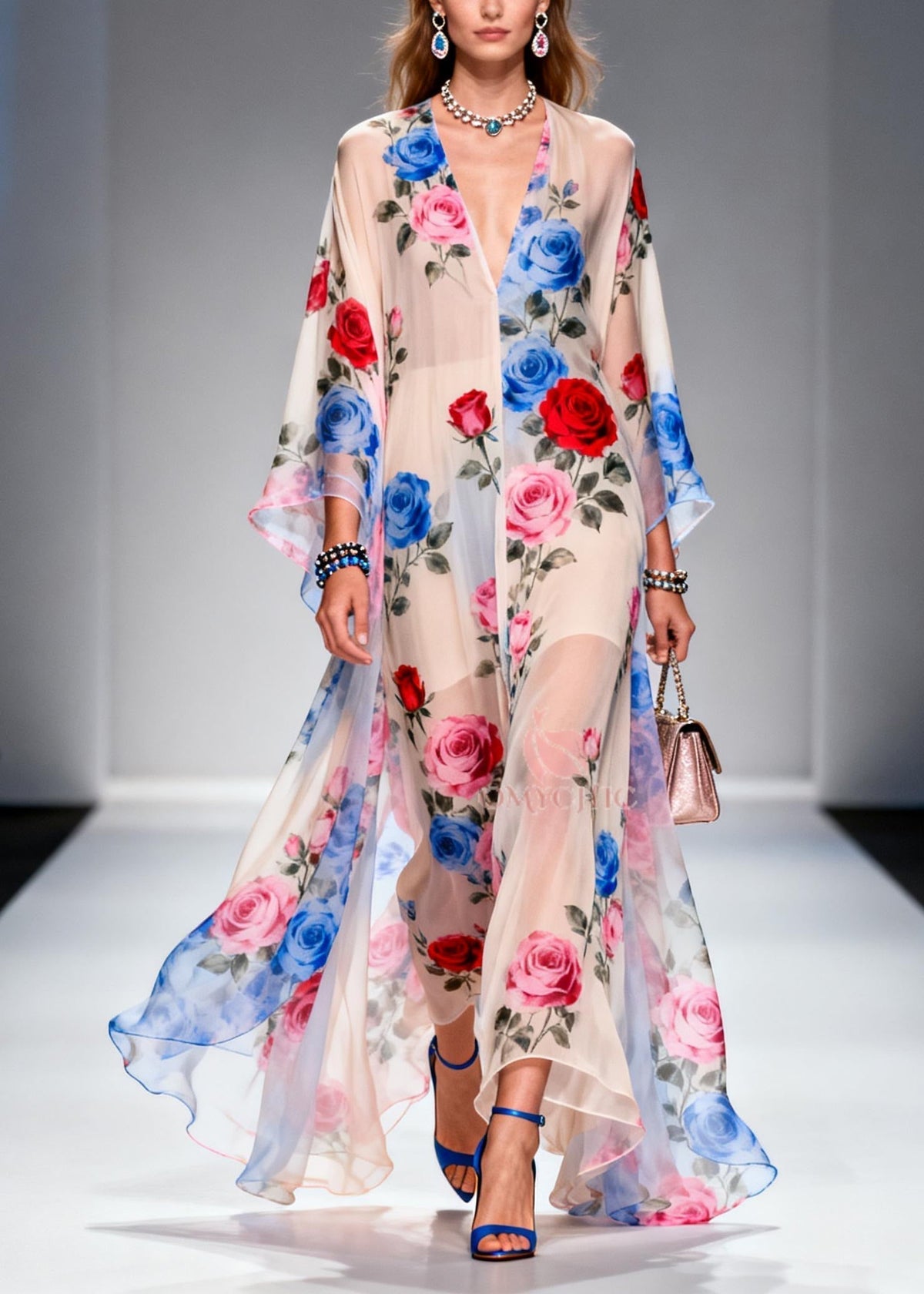Floral Chiffon Deep V-Neck Kimono Sleeve Kaftan Maxi Dress