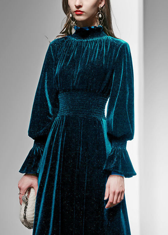 Velvet Smocked High Neck Bishop Sleeve Ruched Waist Maxi Dress