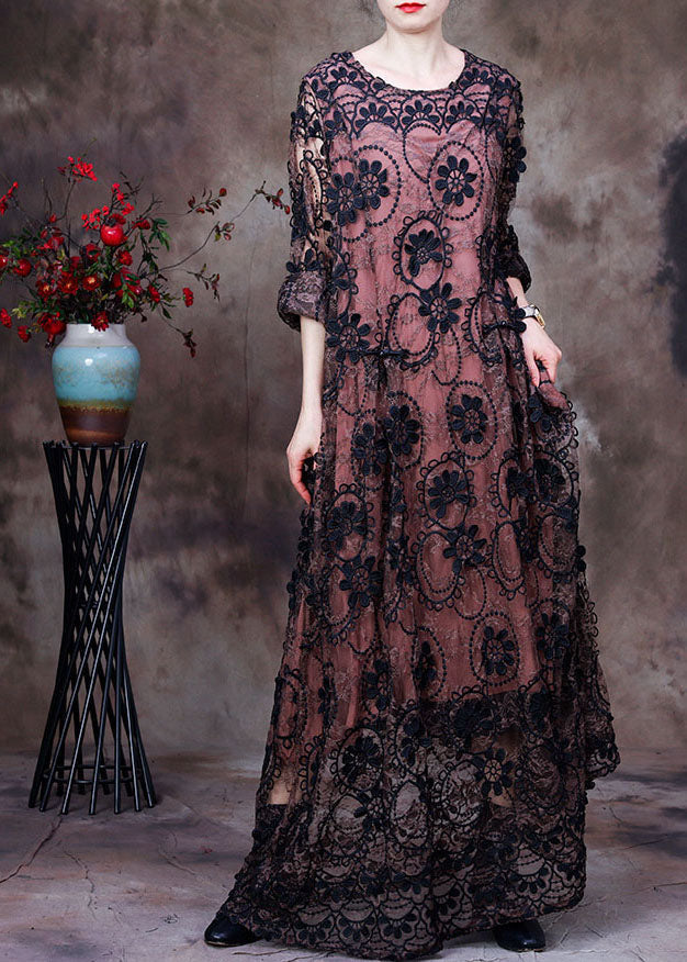 Crochet Lace Round Neck Floral Maxi Dress