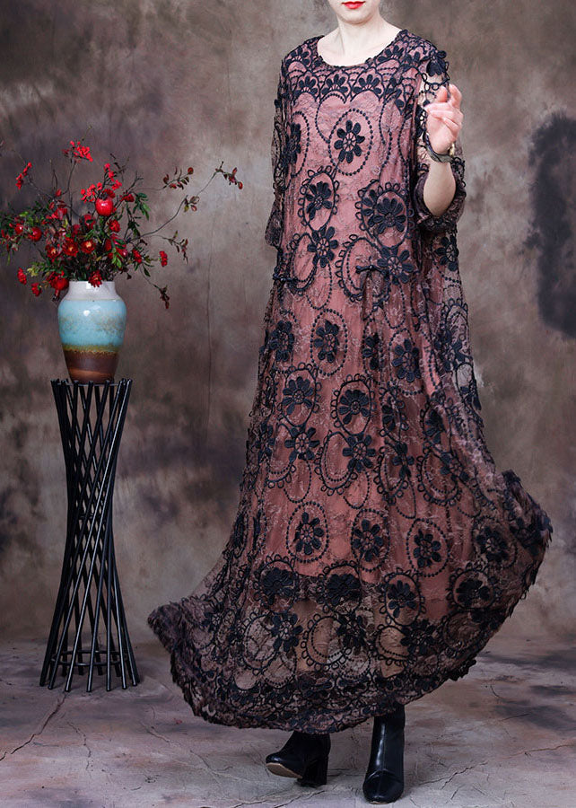 Crochet Lace Round Neck Floral Maxi Dress - View 2