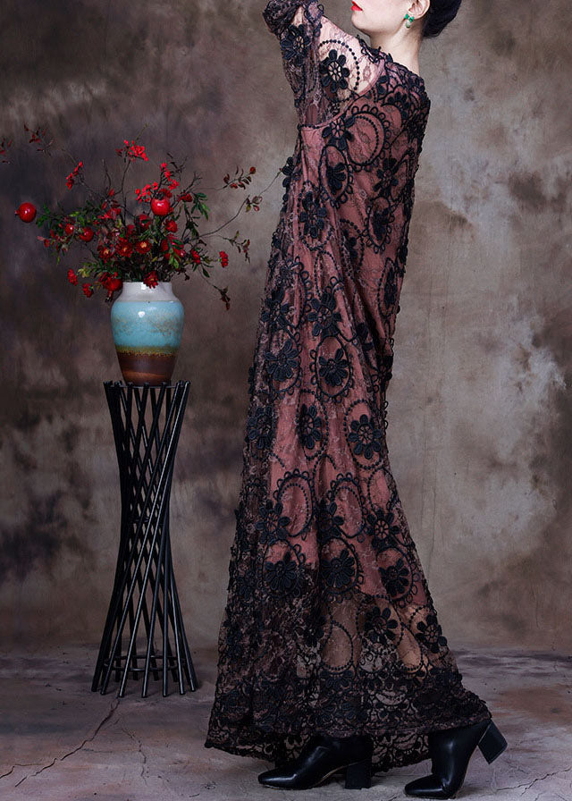 Crochet Lace Round Neck Floral Maxi Dress - View 3