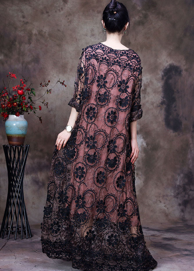 Crochet Lace Round Neck Floral Maxi Dress - View 4