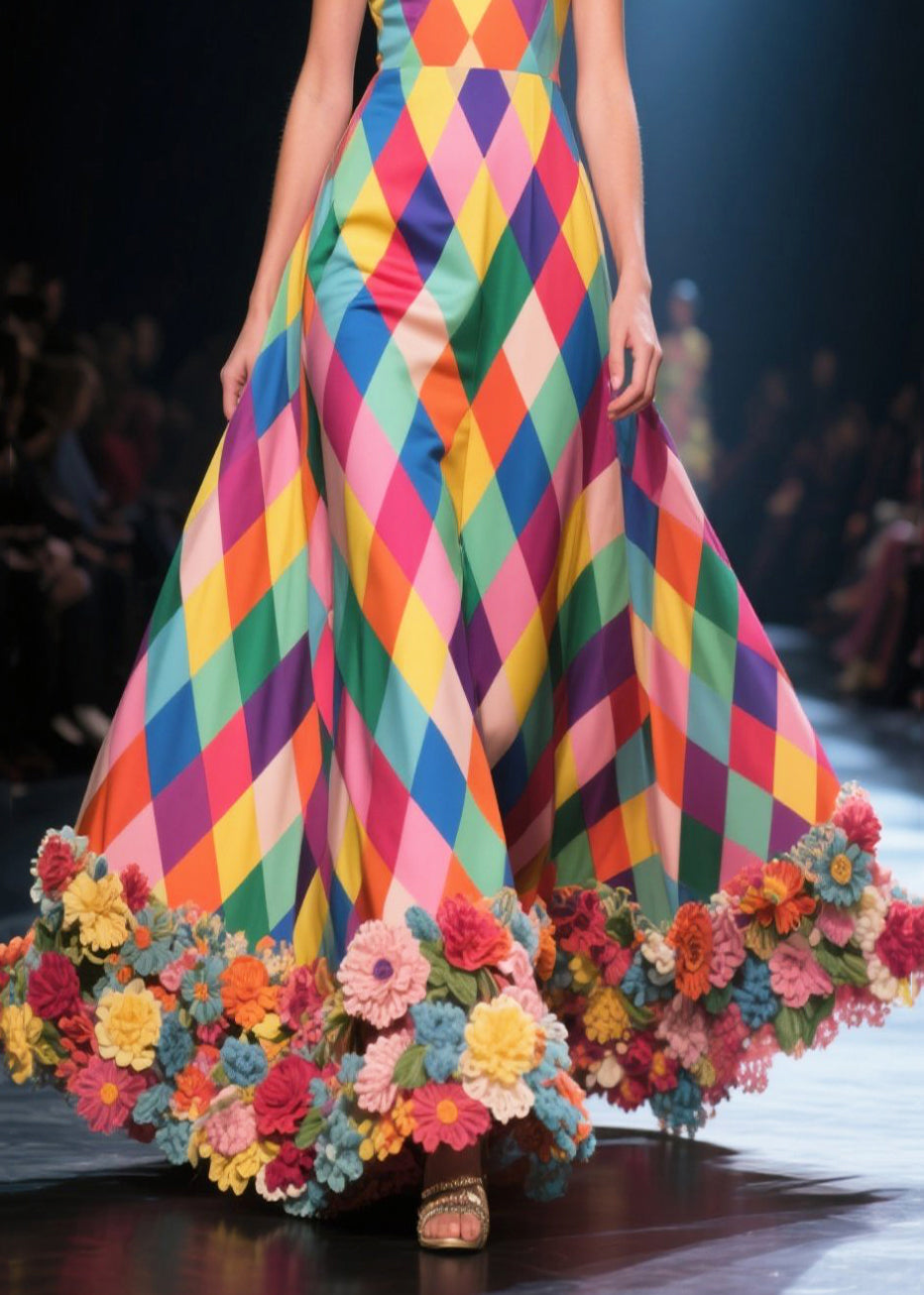 Off Shoulder Harlequin Diamond Print 3D Floral Hem Ball Gown - View 4
