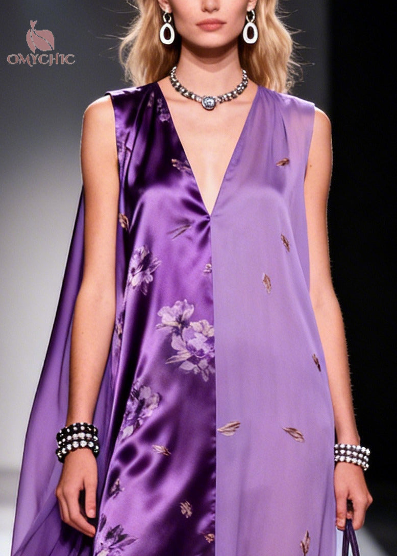 Sleeveless Deep V-Neck Floral Satin Embroidered Sheer Panel Cape Gown - View 2