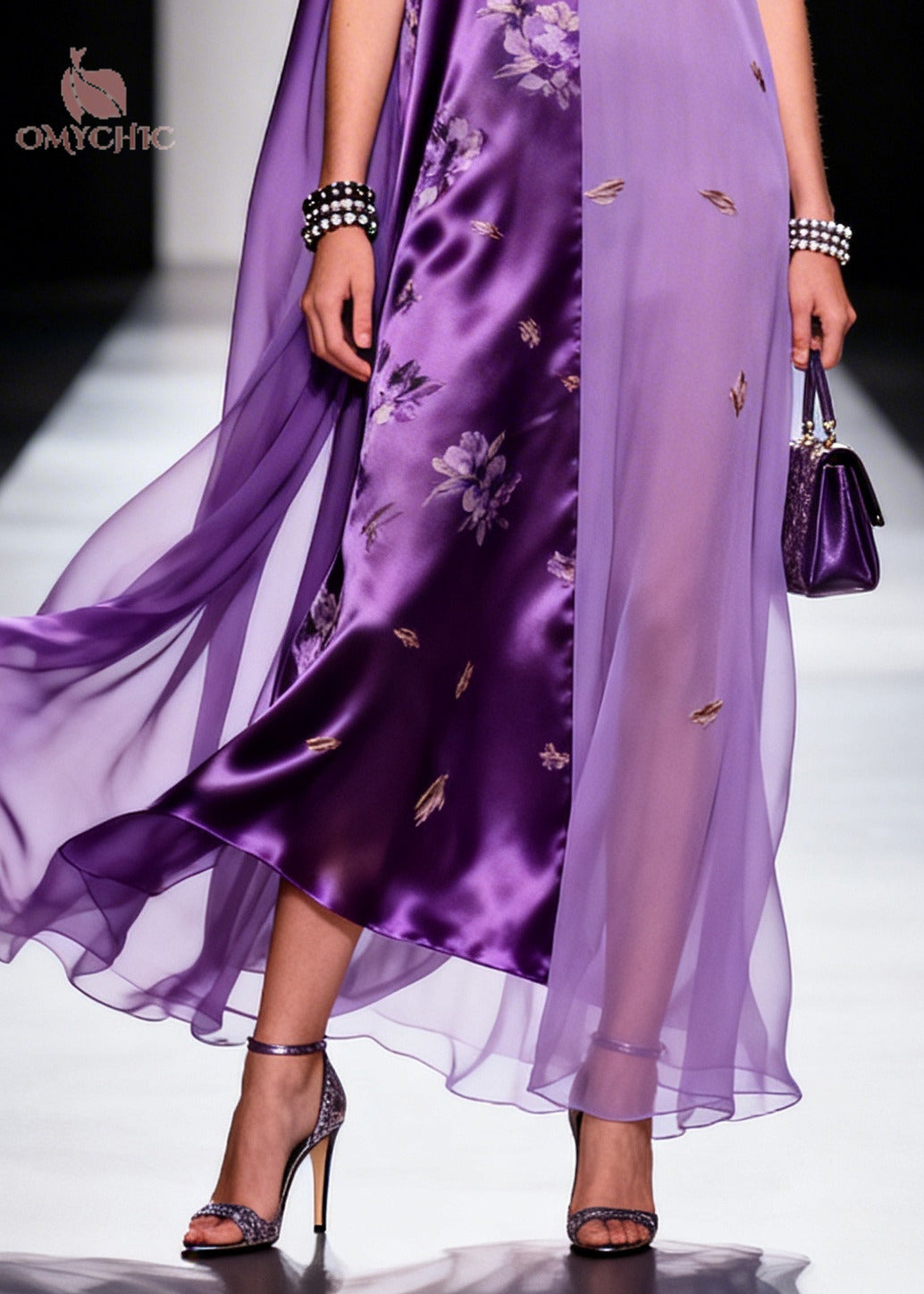 Sleeveless Deep V-Neck Floral Satin Embroidered Sheer Panel Cape Gown - View 4