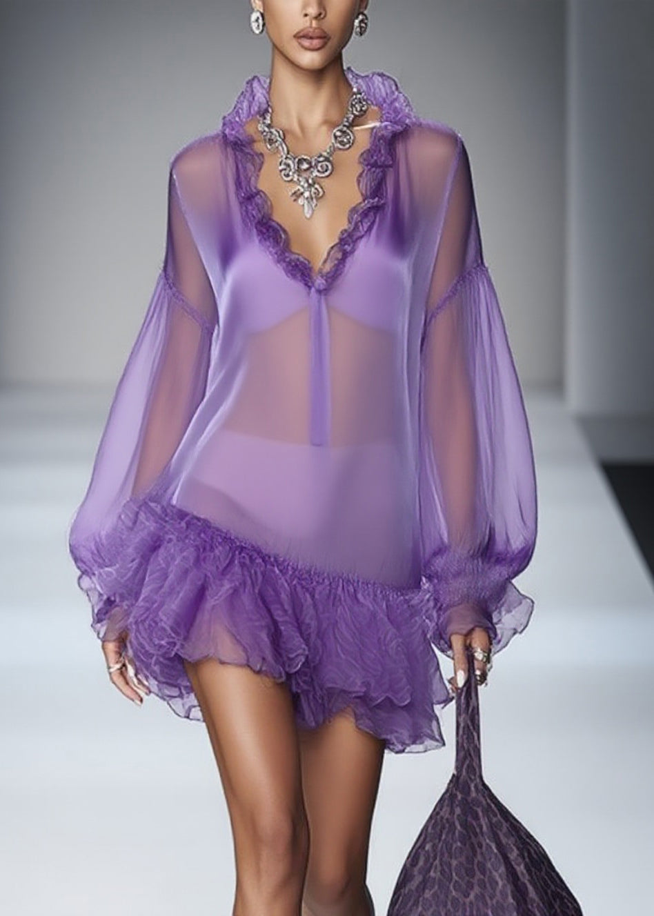 Beautiful Purple Ruffled Solid Tulle Mid Dress Spring - View 3