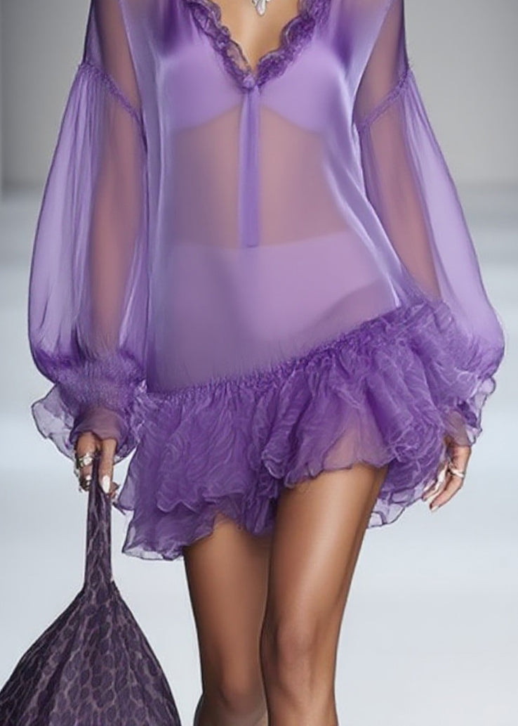 Beautiful Purple Ruffled Solid Tulle Mid Dress Spring - View 4