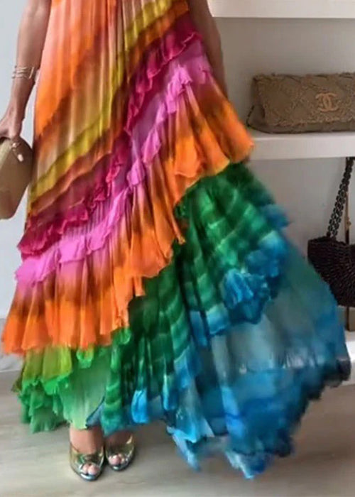 Beautiful Rainbow Wrinkled Lace Up Cotton Maxi Dresses Sleeveless - View 3