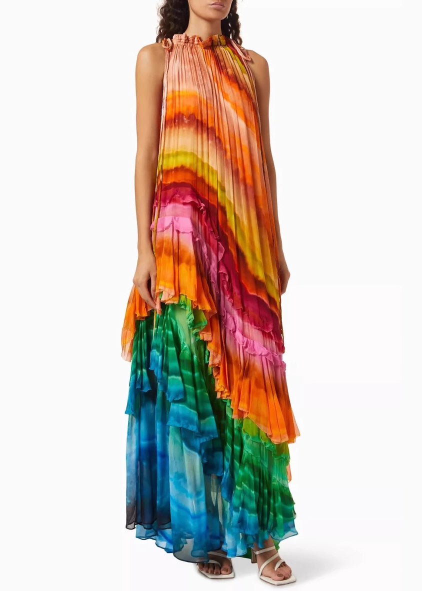 Beautiful Rainbow Wrinkled Lace Up Cotton Maxi Dresses Sleeveless - View 4