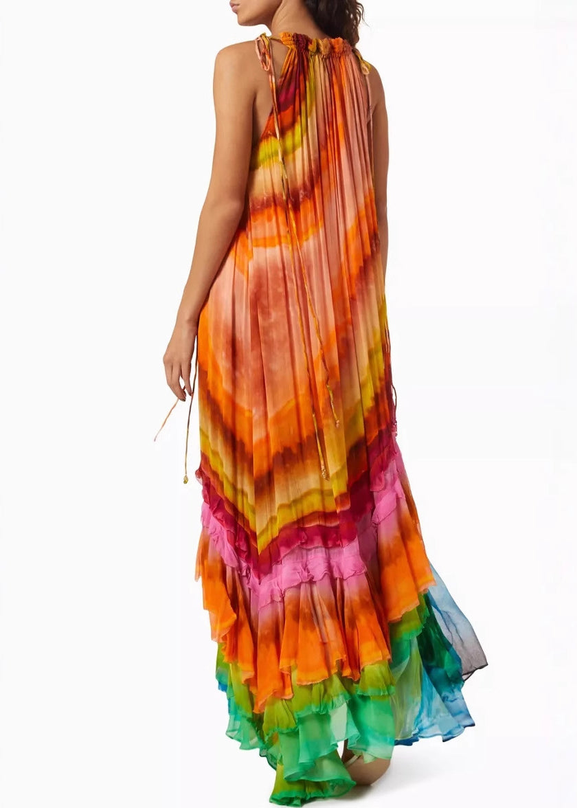 Beautiful Rainbow Wrinkled Lace Up Cotton Maxi Dresses Sleeveless - View 5
