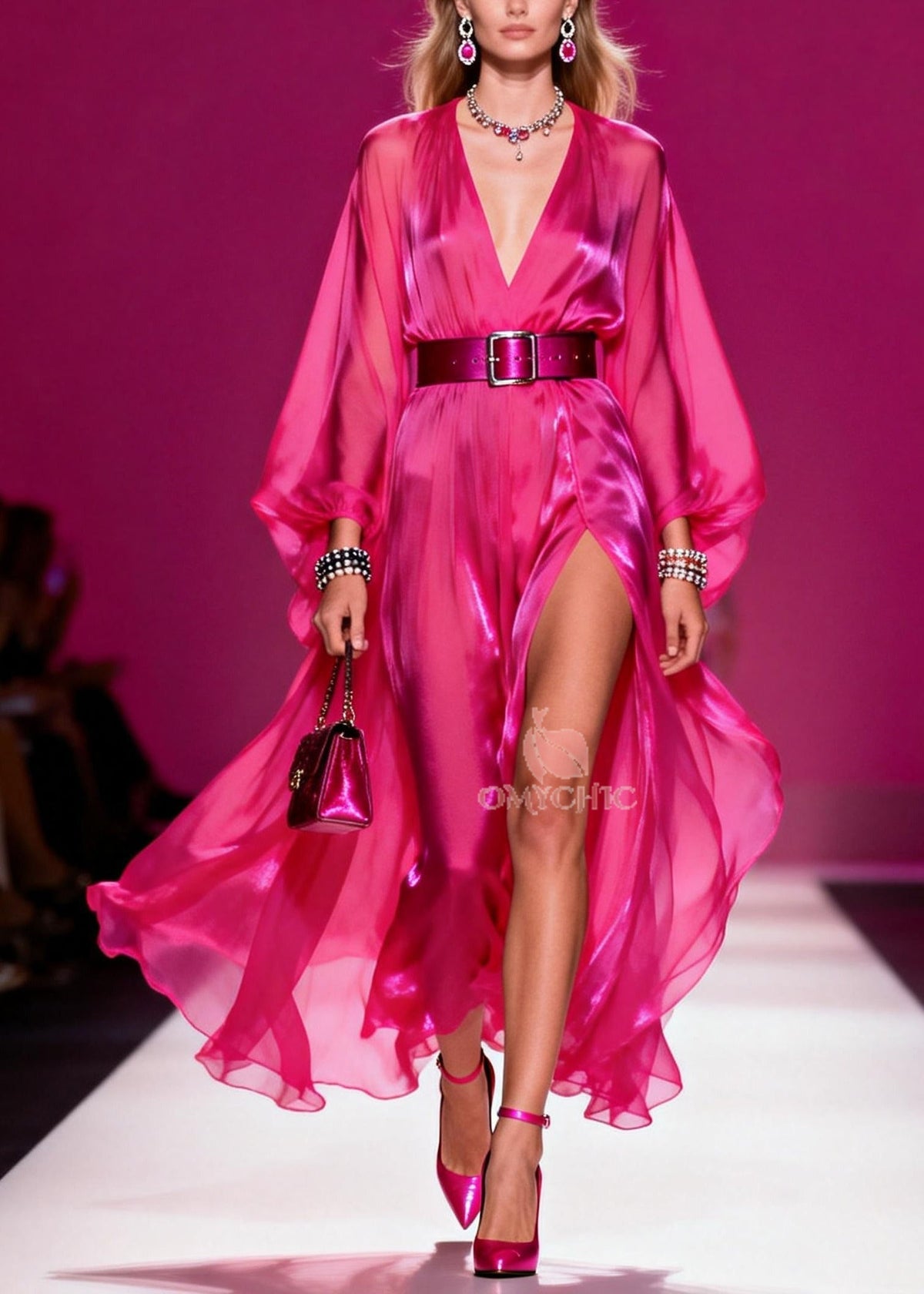 Deep V-Neck Bishop Sleeve Belted Wrap High Split Chiffon Maxi Gown - View 5