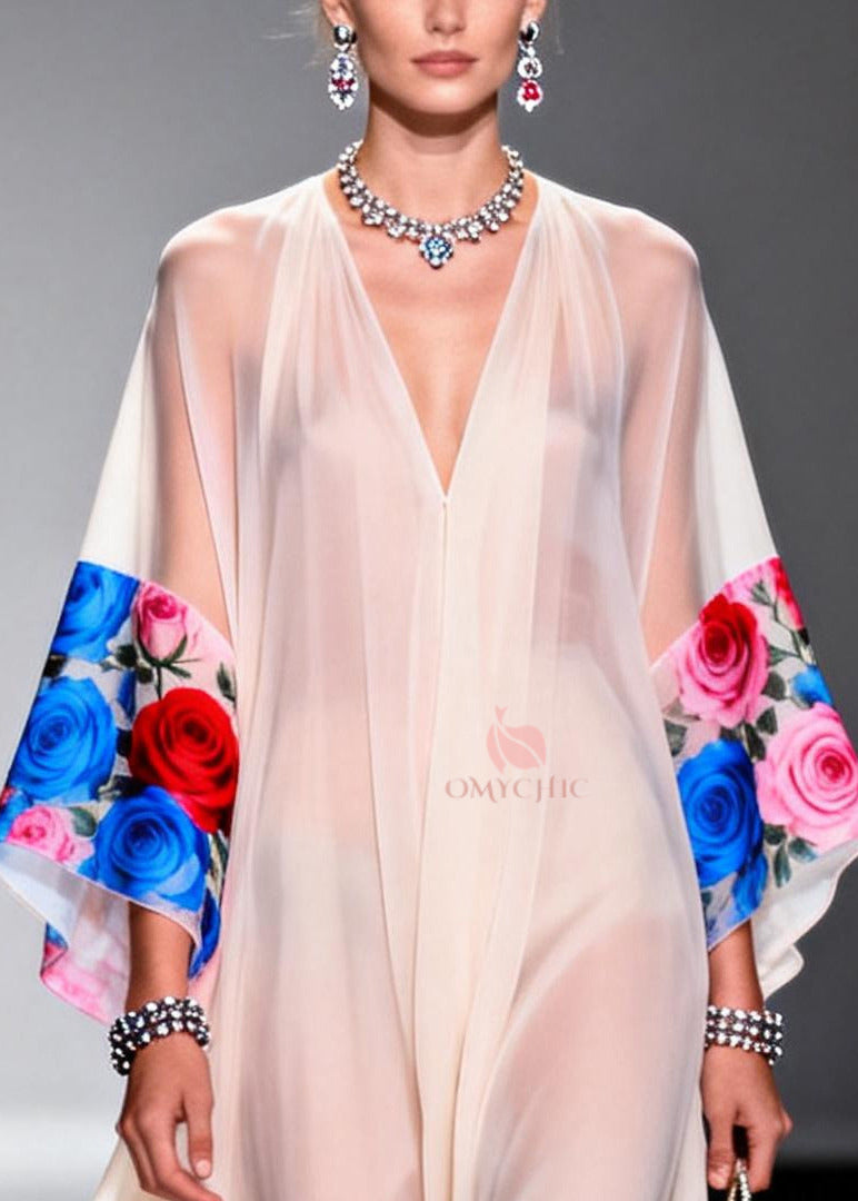 Beautiful White Oversized Floral Print Chiffon Maxi Dresses Summer - View 2