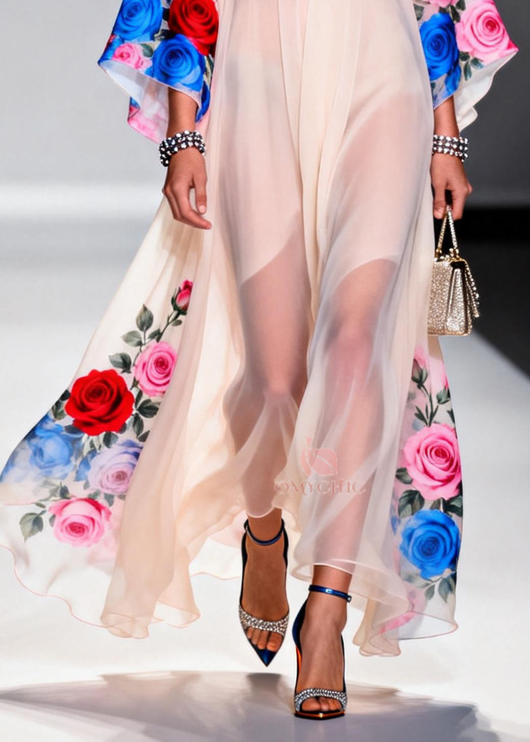 Beautiful White Oversized Floral Print Chiffon Maxi Dresses Summer - View 4
