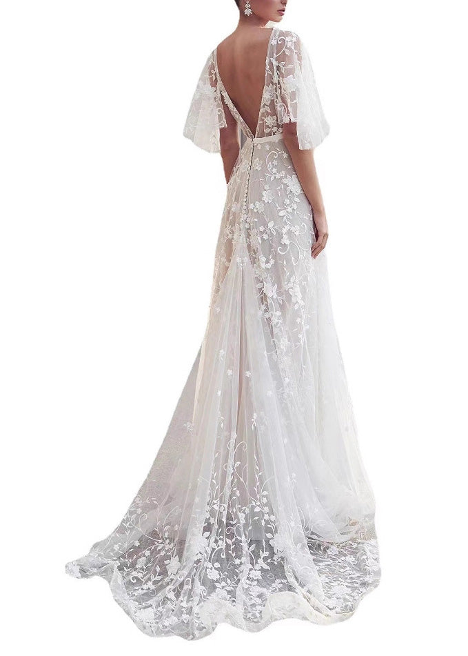 Beautiful White V Neck Backless Tulle Lace Long Dress Summer - View 3