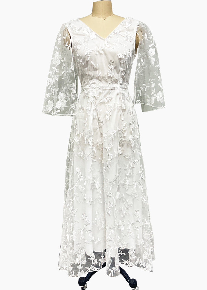 Beautiful White V Neck Backless Tulle Lace Long Dress Summer - View 5