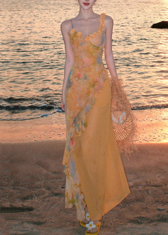 Beautiful Yellow Ruffled Print Chiffon Long Spaghetti Strap Dress