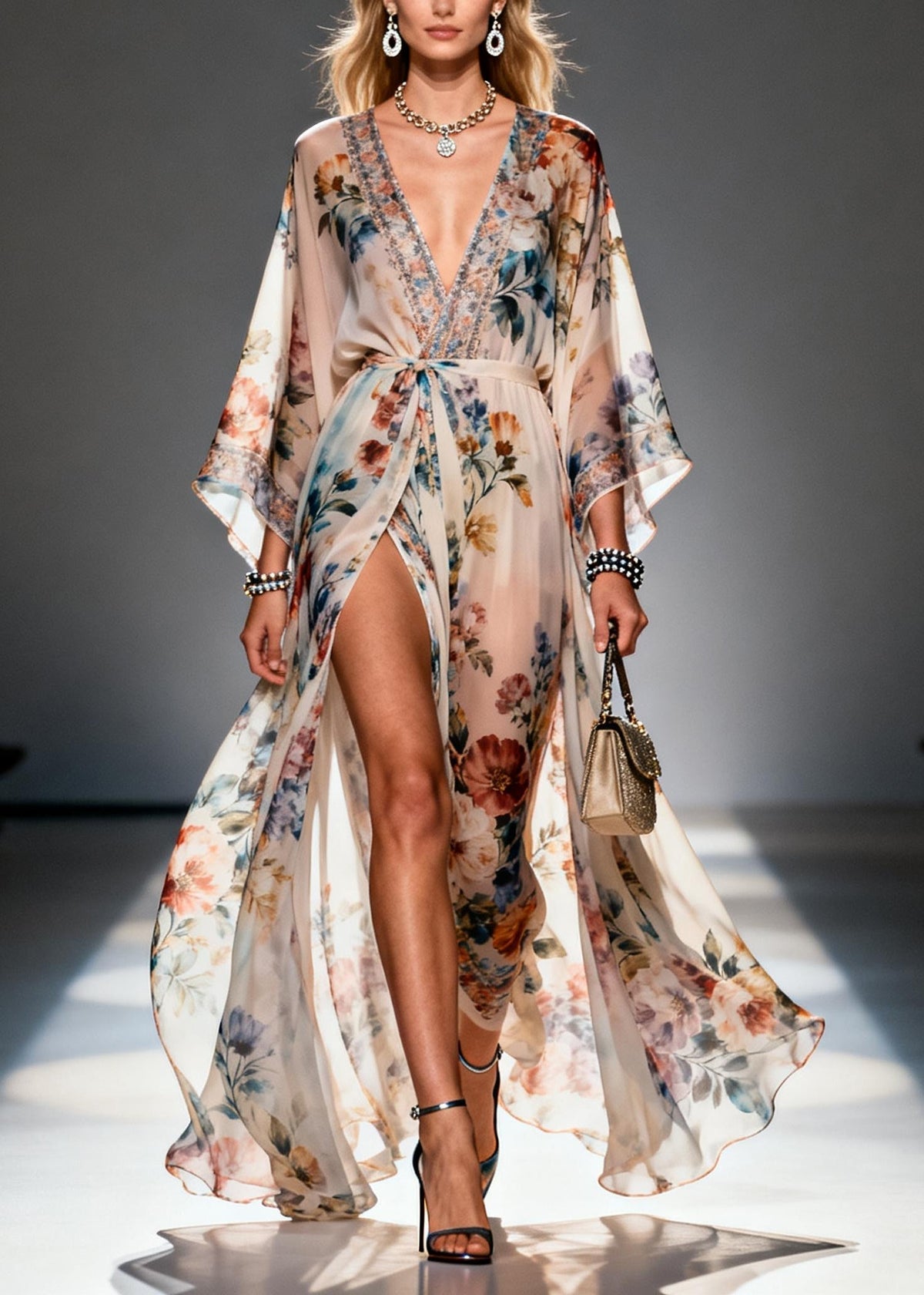Beige Print Chiffon Maxi Dresses Exra Large Hem Side Open Summer - View 3