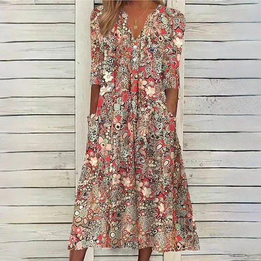 Floral V-Neck Button Front Pocket Tiered Midi Dress