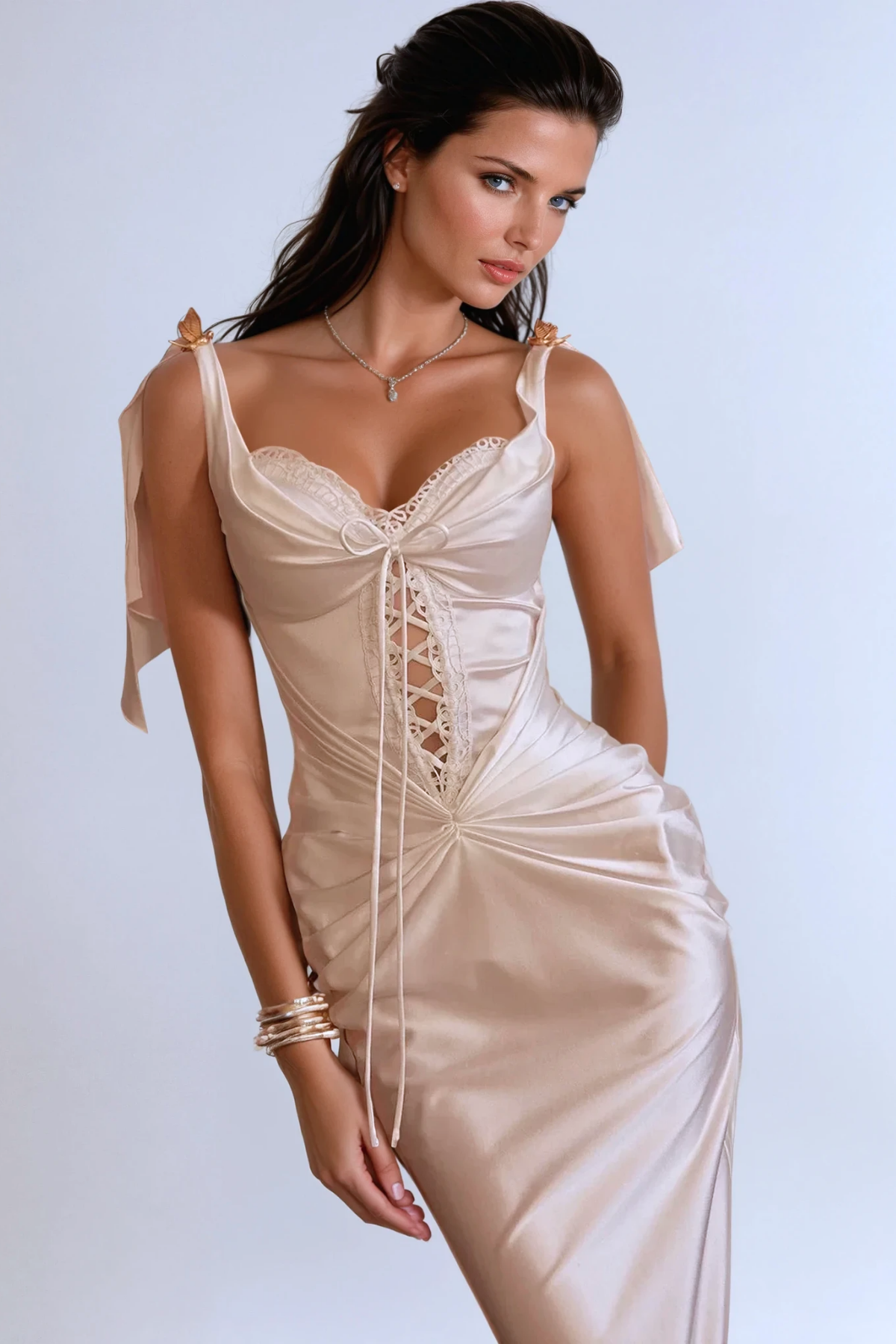Satin V-Neck Sleeveless Corset Bodycon Midi Dress - View 3