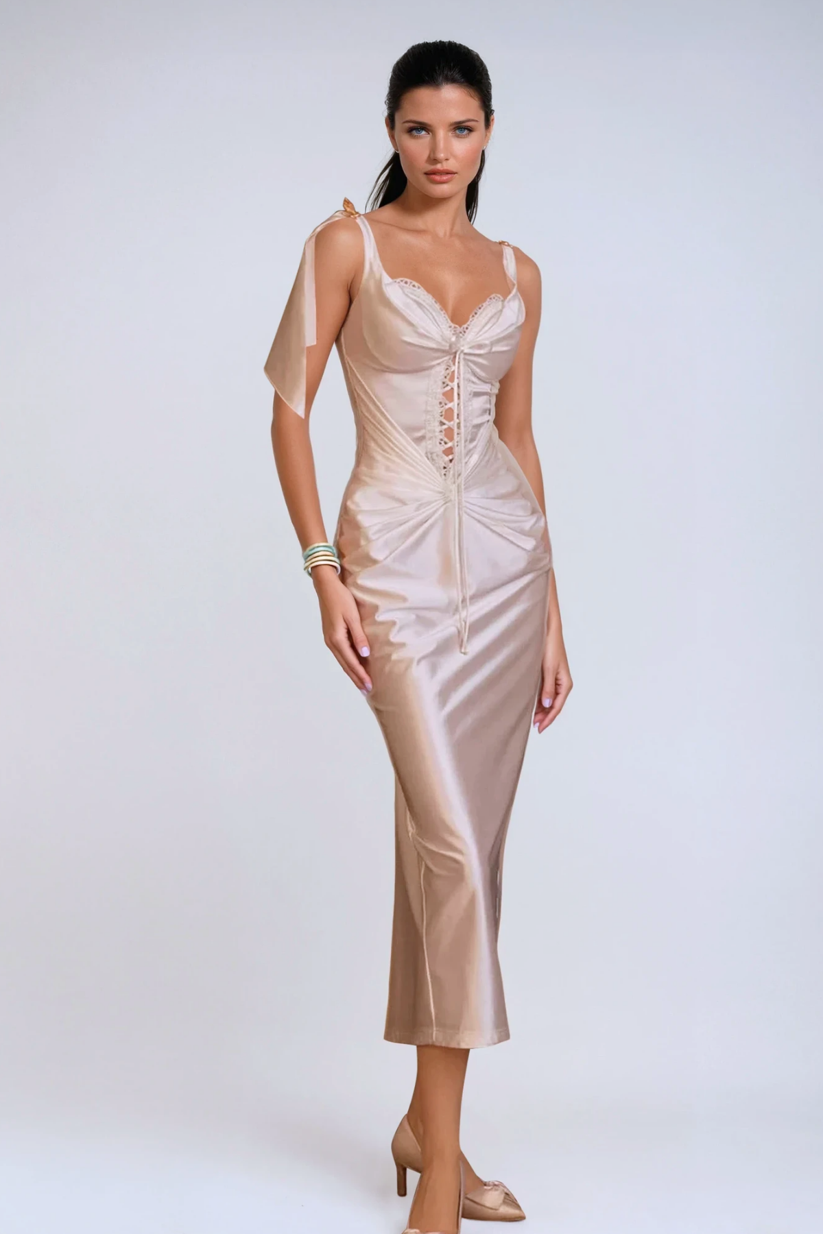 Satin V-Neck Sleeveless Corset Bodycon Midi Dress