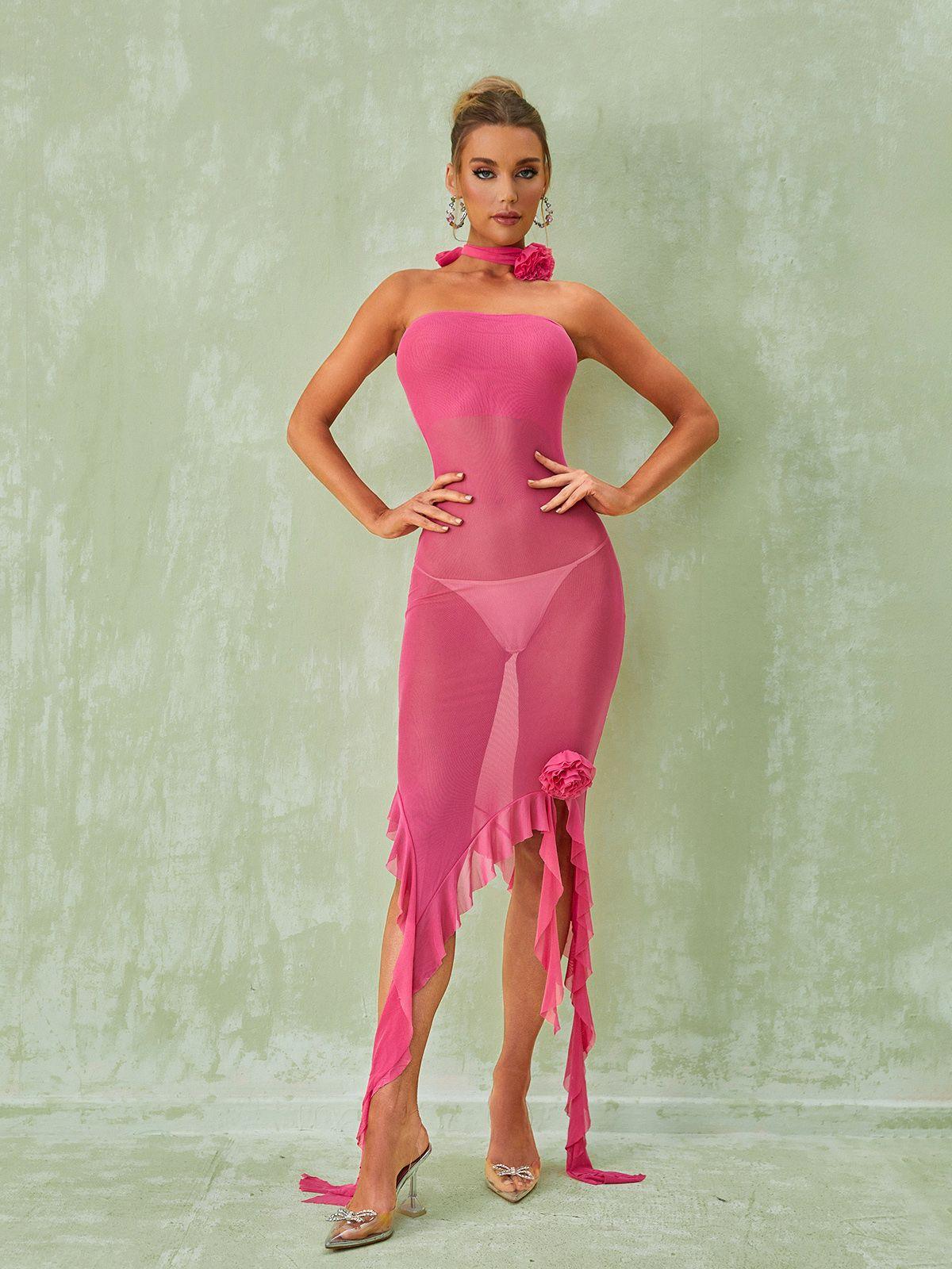 Berry Ruffle Flower Mesh Dress In Hot Pink - View 4