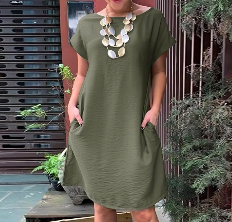 Textured Round Neck Cap Sleeve Pocket Loose Shift Dress - View 2