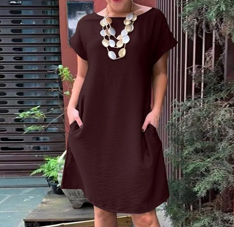 Textured Round Neck Cap Sleeve Pocket Loose Shift Dress - View 4