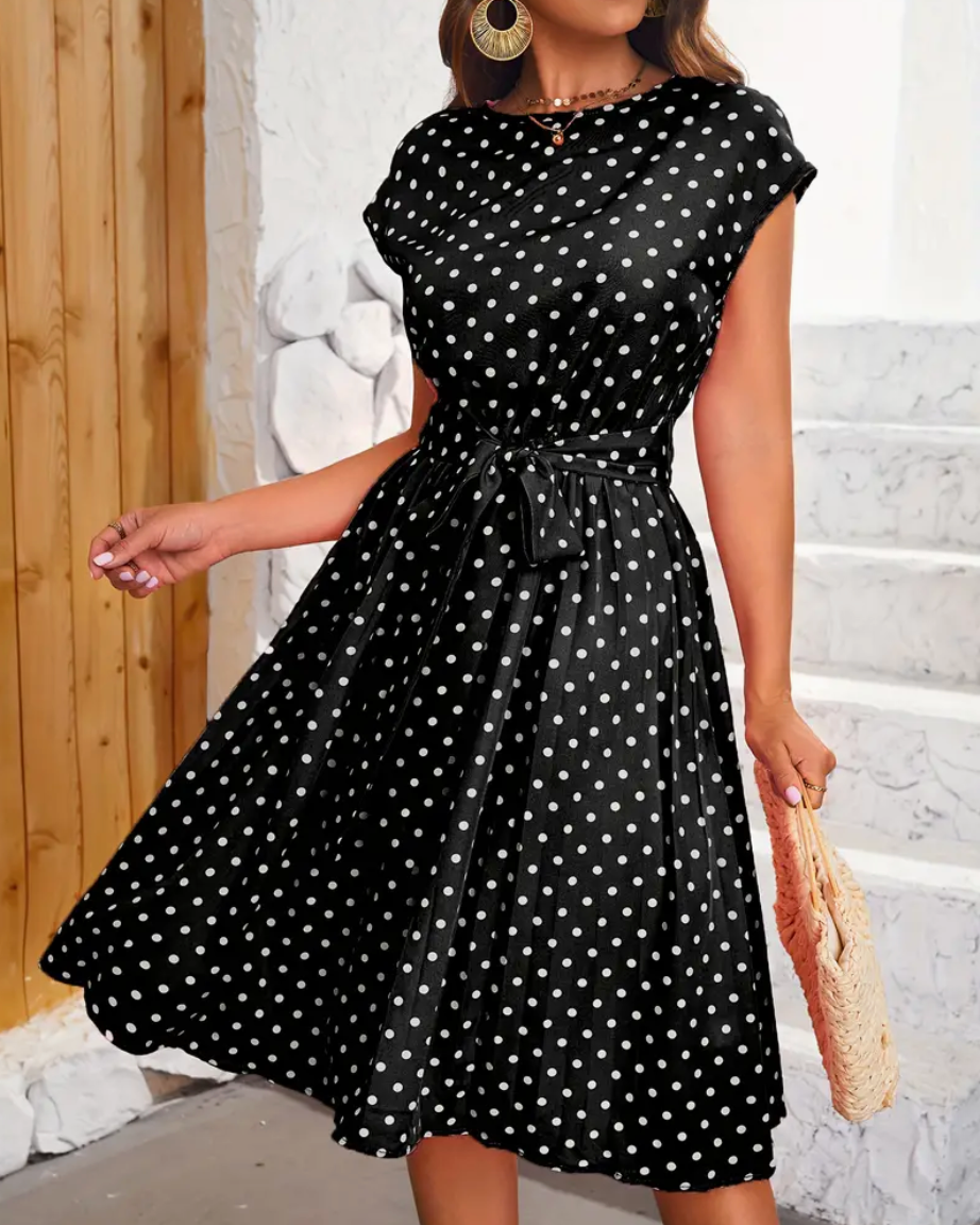 Polka Dot Round Neck Belted Pleated A-Line Midi Dress