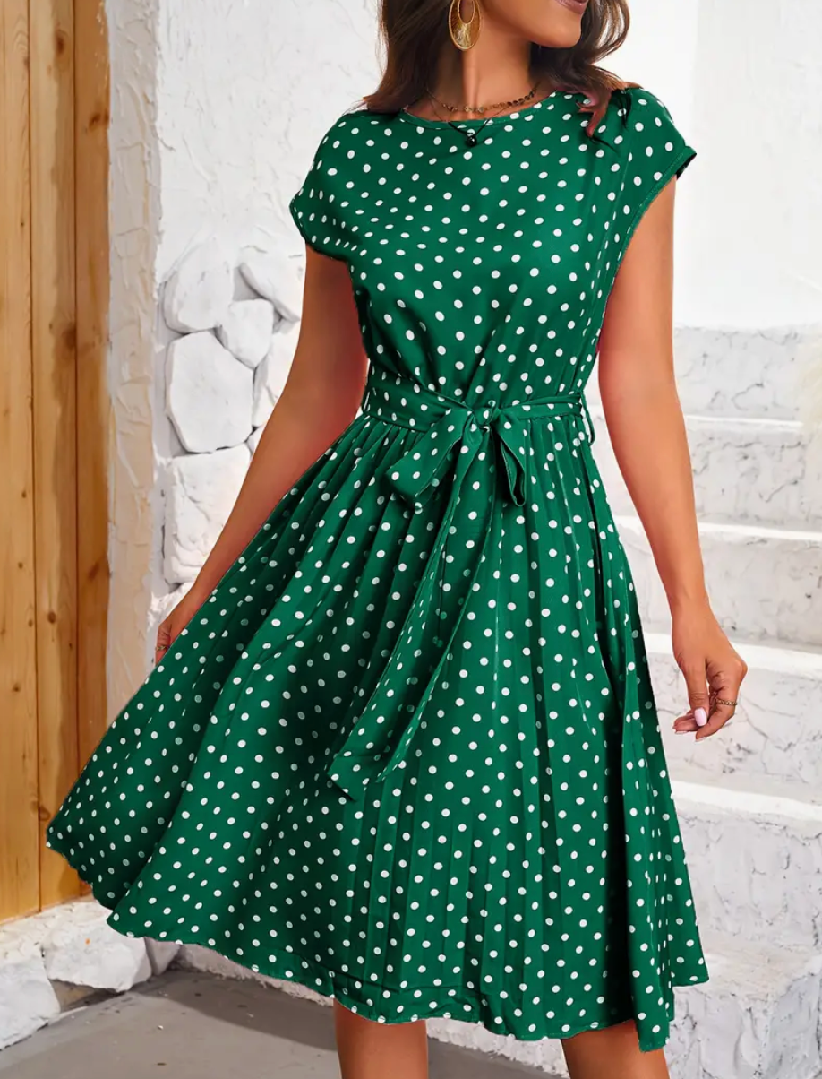 Polka Dot Round Neck Belted Pleated A-Line Midi Dress - View 4
