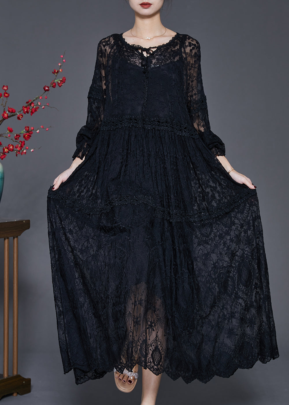 Floral Lace V-Neck Lace Up Long Sleeve Tiered Maxi Dress