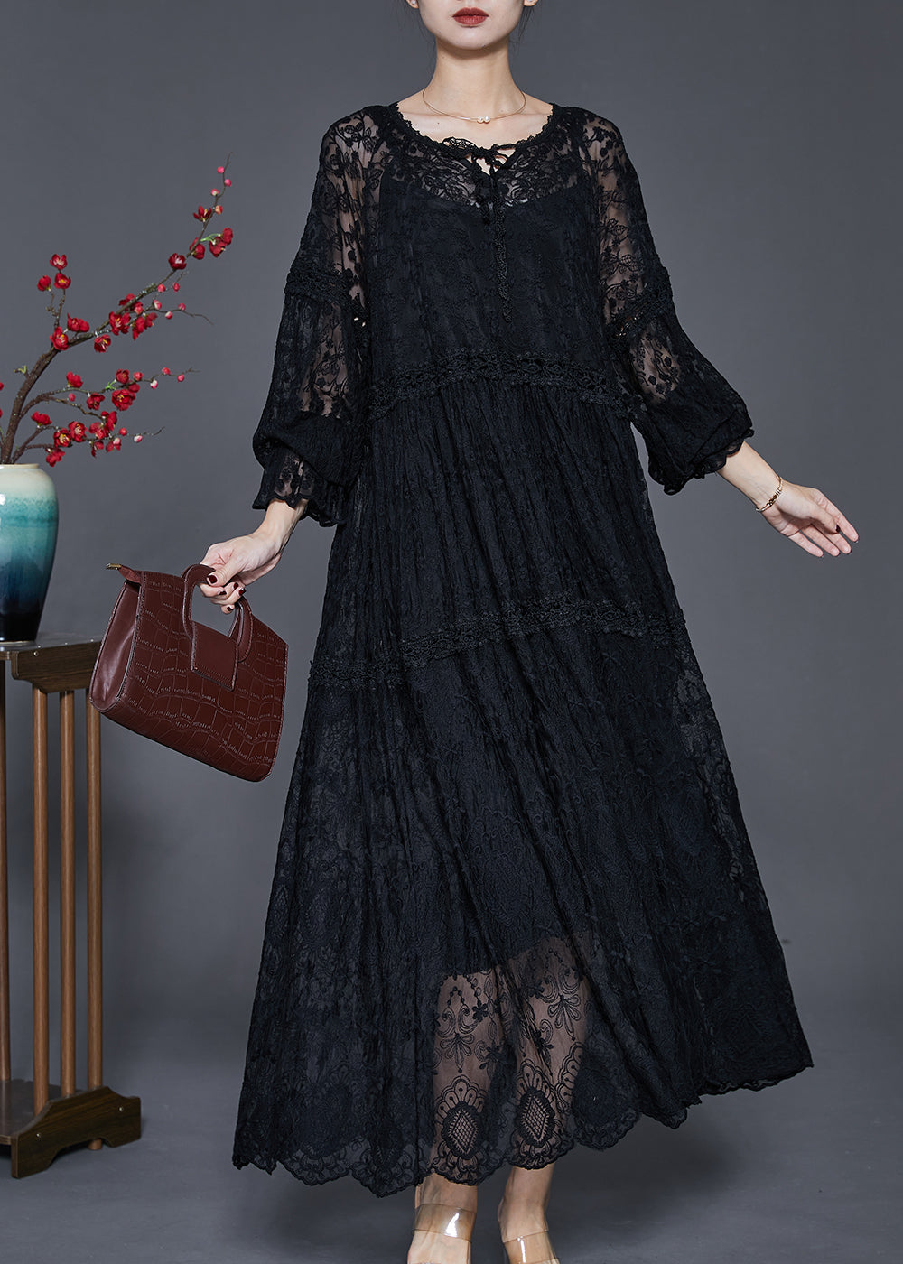 Floral Lace V-Neck Lace Up Long Sleeve Tiered Maxi Dress - View 2