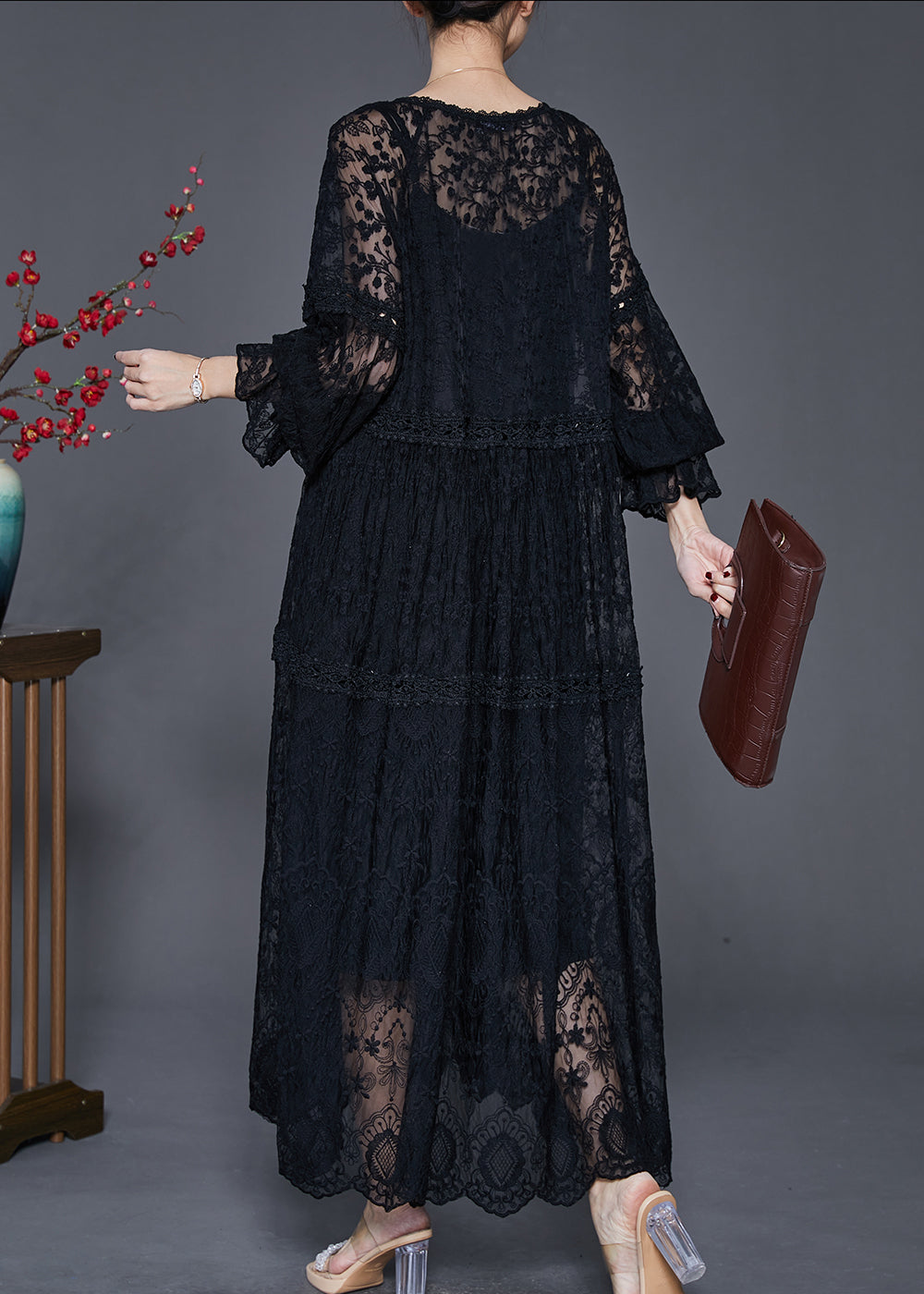 Floral Lace V-Neck Lace Up Long Sleeve Tiered Maxi Dress - View 4